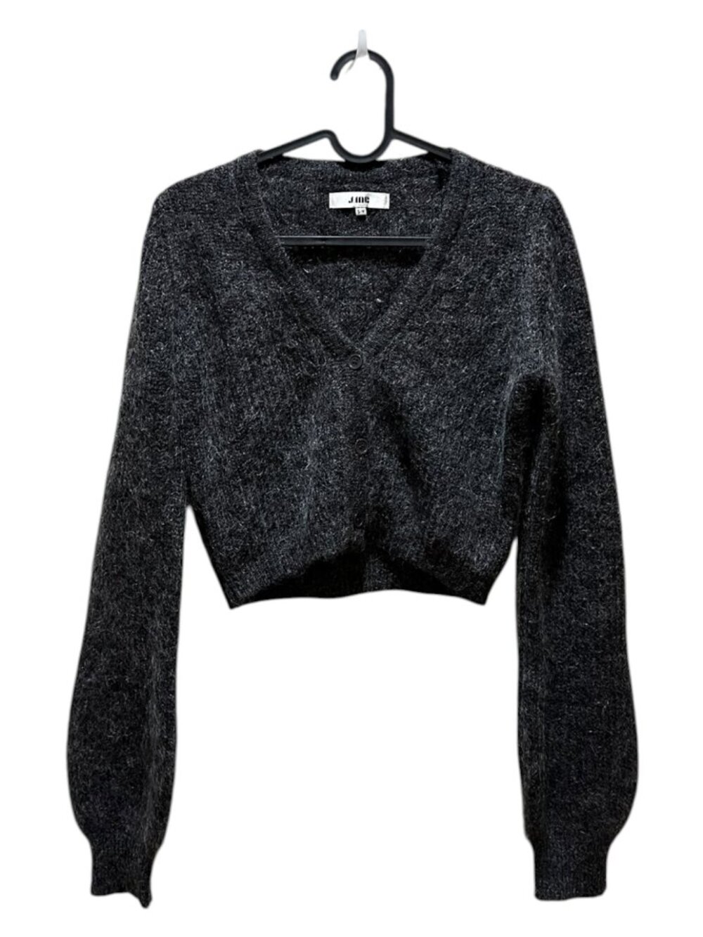 Vintage J. Ing Mohair Blend Cropped Cardigan Sweater Gray Fuzzy Balloon Sleeve